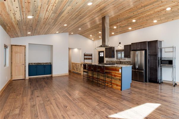 Interior, Kitchen, Pendant Lights, Recessed Lighting, Stainless Steel Appliances, Wooden Ceilings, Wood Texture Flooring