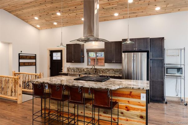 Interior, Kitchen, Pendant Lights, Recessed Lighting, Stainless Steel Appliances, Wooden Ceilings, Wood Texture Flooring