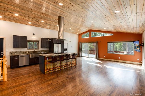 Interior, Kitchen, Pendant Lights, Recessed Lighting, Stainless Steel Appliances, Wooden Ceilings, Wood Texture Flooring