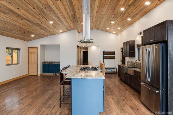 Interior, Kitchen, Recessed Lighting, Stainless Steel Appliances, Wooden Ceilings, Wood Texture Flooring