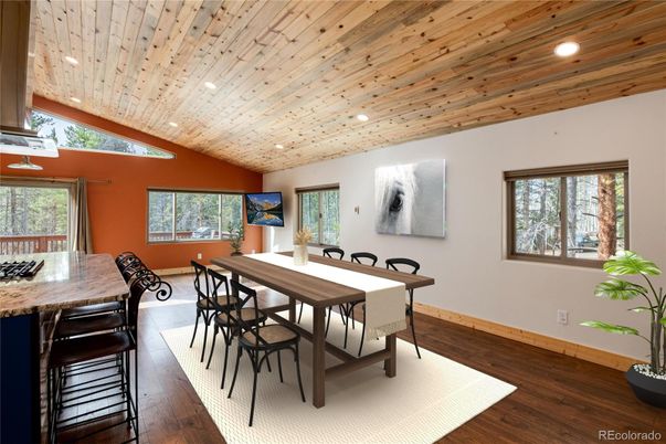 Dining room, Interior, Recessed Lighting, Wooden Ceilings, Wood Texture Flooring