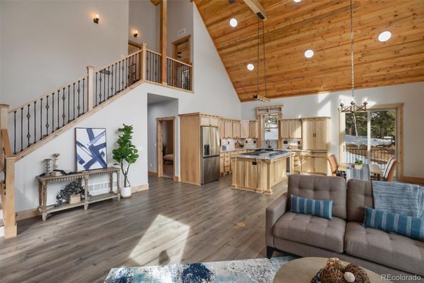 Interior, Kitchen, Pendant Lights, Recessed Lighting, Stainless Steel Appliances, Wooden Ceilings, Wood Texture Flooring