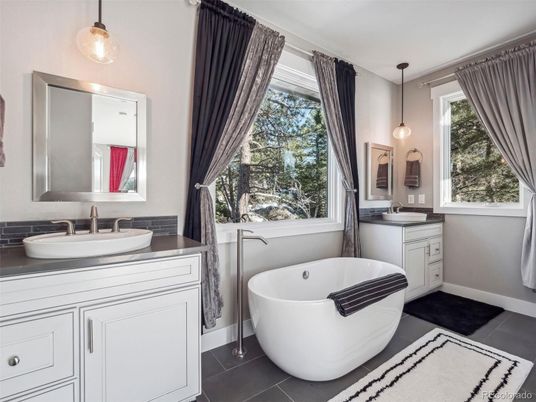 Bathroom, Dual Sink Vanities, Free Standing Baths, Interior, Pendant Lights