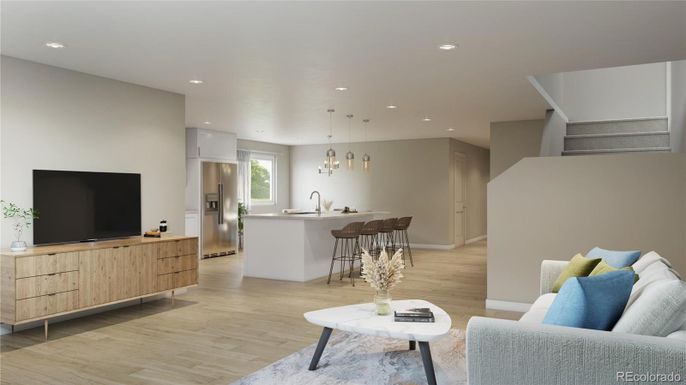 Interior, Kitchen, Living room, Pendant Lights, Recessed Lighting, Stainless Steel Appliances, Wood Texture Flooring