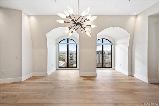 Empty room, Interior, Pendant Lights, Recessed Lighting, Wood Texture Flooring