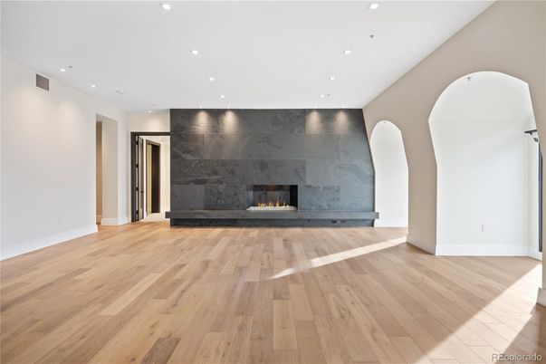 Empty room, Fireplace, Interior, Recessed Lighting, Wood Texture Flooring
