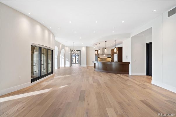 Empty room, Interior, Kitchen, Pendant Lights, Recessed Lighting, Wood Texture Flooring