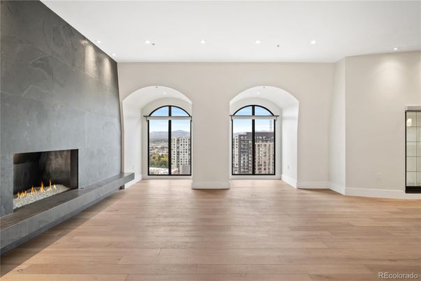 Empty room, Fireplace, Interior, Recessed Lighting, Wood Texture Flooring