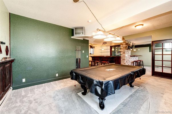 Billiard Table, Game Room, Interior, Pendant Lights, Stone Walls