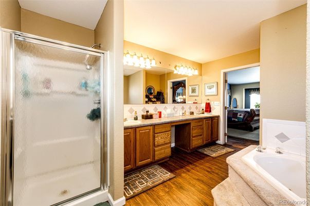 Bathroom, Dual Sink Vanities, Glass Shower, Interior, Wood Texture Flooring