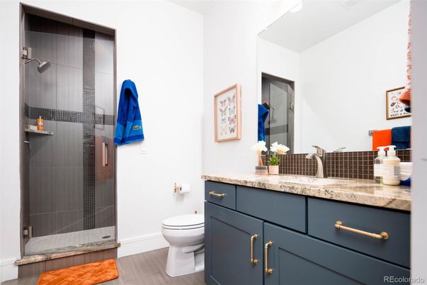 Bathroom, Glass Shower, Interior, Wood Texture Flooring