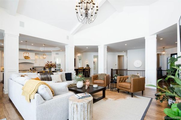 Chandelier, Dining room, Interior, Kitchen, Living room, Pendant Lights, Recessed Lighting, Wood Texture Flooring