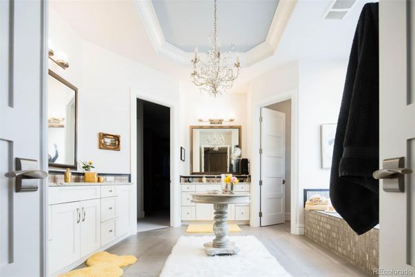 Bathroom, Chandelier, Interior, Wood Texture Flooring