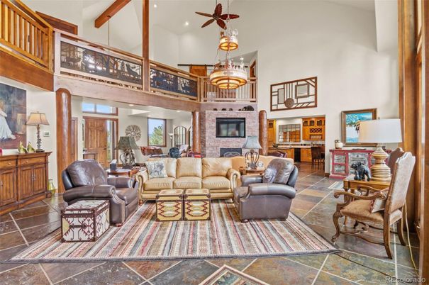 Chandelier, Fireplace, Interior, Living room, Recessed Lighting, Wooden Beams