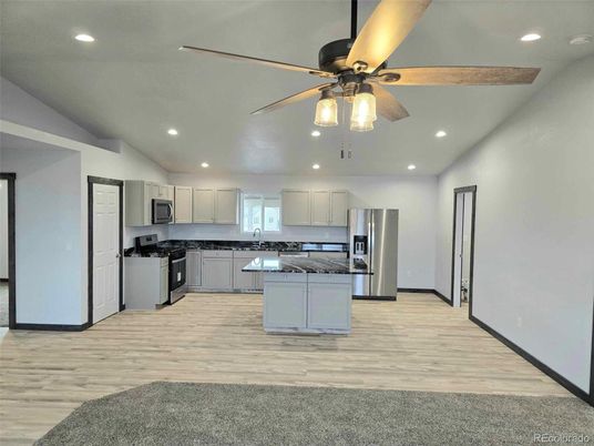 Interior, Kitchen, Recessed Lighting, Stainless Steel Appliances, Wood Texture Flooring