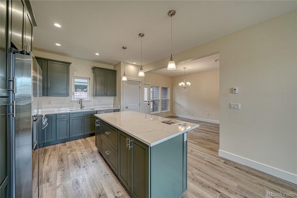 Interior, Kitchen, Pendant Lights, Recessed Lighting, Wood Texture Flooring