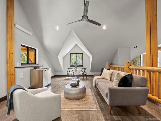 Dining room, Interior, Living room, Recessed Lighting, Wood Texture Flooring