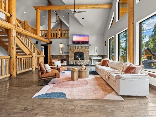 Fireplace, Interior, Living room, Recessed Lighting, Wooden Beams, Wood Texture Flooring