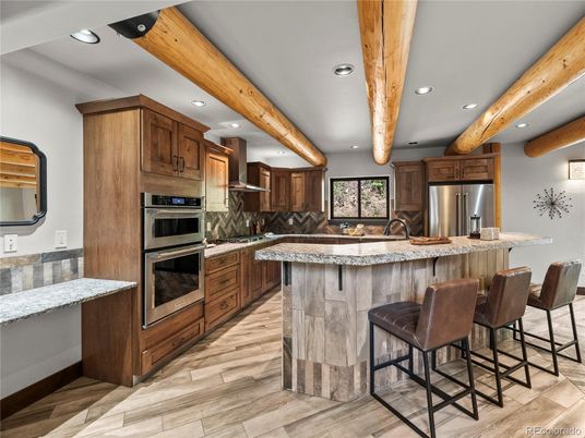 Interior, Kitchen, Recessed Lighting, Stainless Steel Appliances, Wooden Beams, Wood Texture Flooring