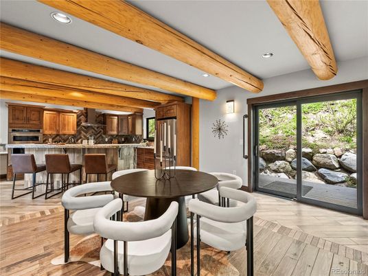 Dining room, Interior, Kitchen, Recessed Lighting, Stainless Steel Appliances, Wooden Beams, Wood Texture Flooring