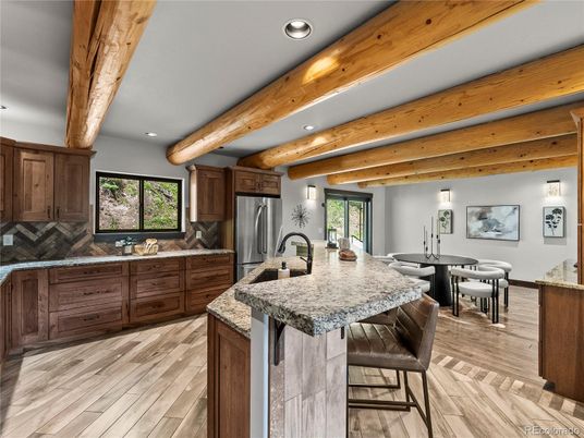 Dining room, Interior, Kitchen, Recessed Lighting, Stainless Steel Appliances, Wooden Beams, Wood Texture Flooring