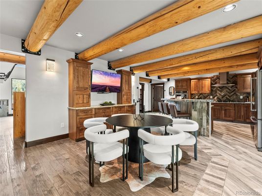Dining room, Interior, Kitchen, Recessed Lighting, Wooden Beams, Wood Texture Flooring