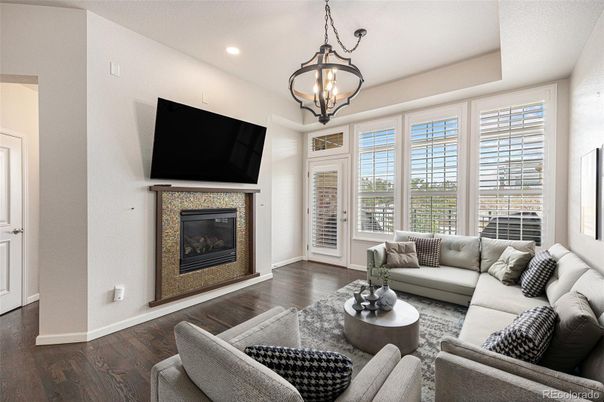 Fireplace, Interior, Living room, Pendant Lights, Recessed Lighting, Wood Texture Flooring