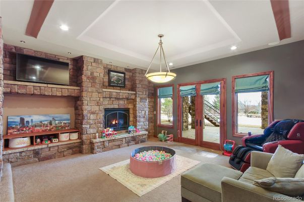 Fireplace, Interior, Living room, Pendant Lights, Recessed Lighting, Stone Walls