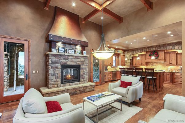 Fireplace, Interior, Kitchen, Living room, Pendant Lights, Recessed Lighting, Stone Walls, Wooden Beams, Wood Texture Flooring