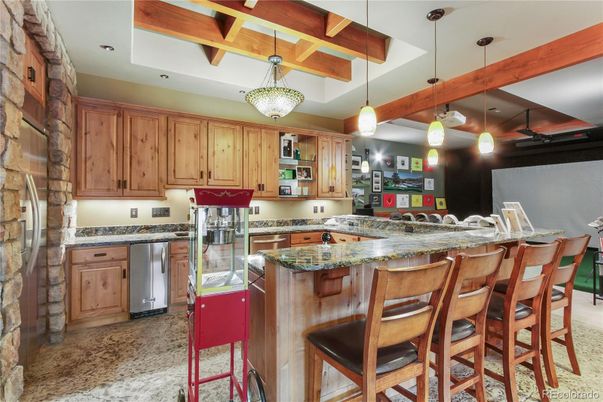 Interior, Kitchen, Pendant Lights, Recessed Lighting, Stone Walls, Wooden Beams