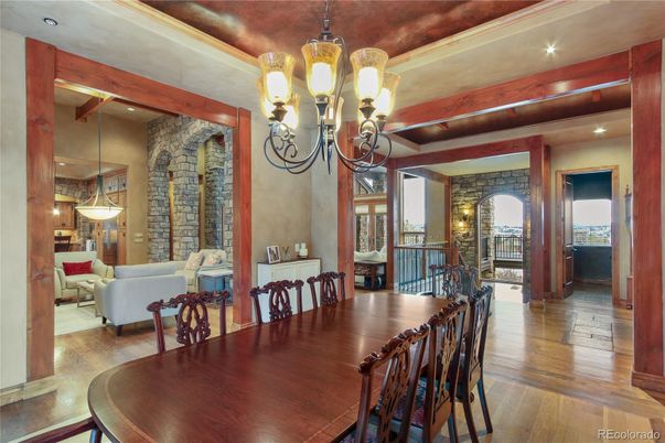 Chandelier, Dining room, Interior, Living room, Pendant Lights, Stone Walls, Wood Texture Flooring