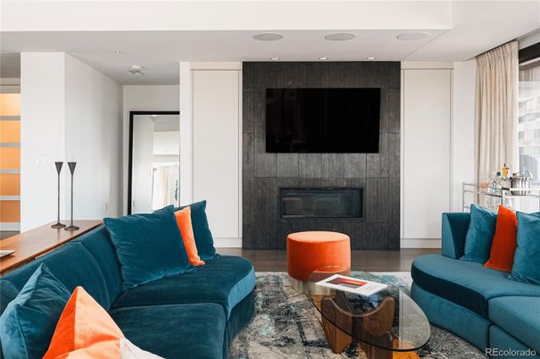 Fireplace, Interior, Living room, Recessed Lighting, Wood Texture Flooring