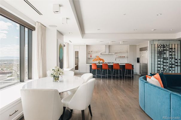 Dining room, Interior, Kitchen, Recessed Lighting, Stainless Steel Appliances, Wood Texture Flooring