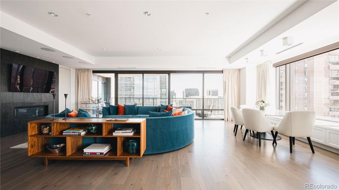 Dining room, Fireplace, Interior, Living room, Recessed Lighting, Wood Texture Flooring