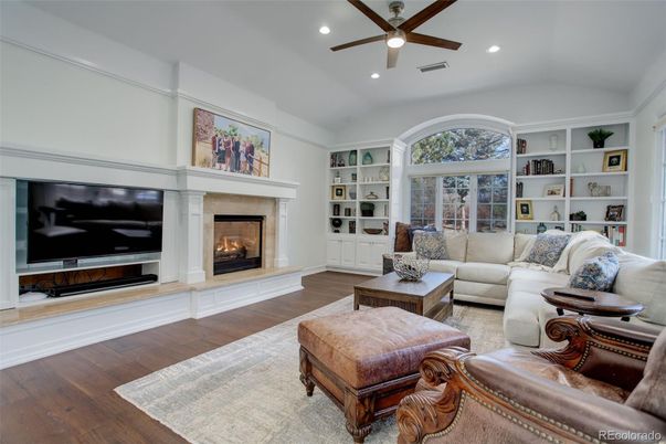 Fireplace, Interior, Living room, Recessed Lighting, Wood Texture Flooring