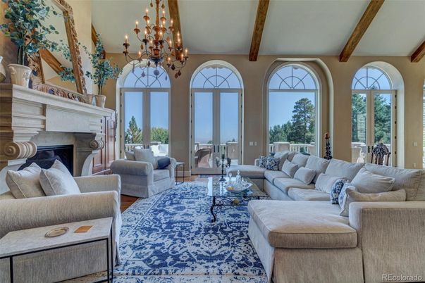 Chandelier, Fireplace, Interior, Living room, Wooden Beams, Wood Texture Flooring
