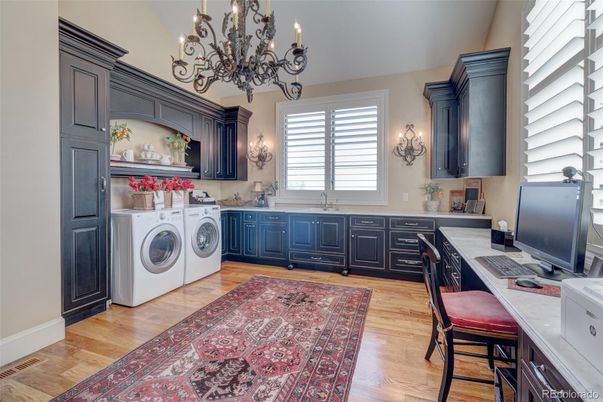 Chandelier, Home Office, Interior, Washer, Wood Texture Flooring