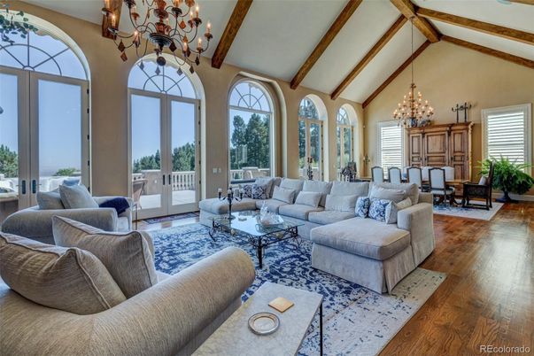 Chandelier, Dining room, Interior, Living room, Wooden Beams, Wood Texture Flooring