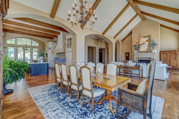 Chandelier, Dining room, Fireplace, Interior, Living room, Wooden Beams, Wood Texture Flooring