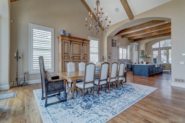Chandelier, Dining room, Interior, Wooden Beams, Wood Texture Flooring
