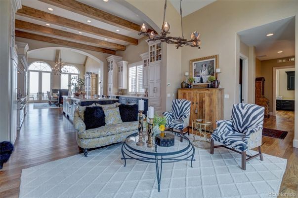 Chandelier, Interior, Living room, Pendant Lights, Recessed Lighting, Wooden Beams, Wood Texture Flooring