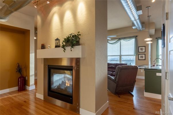 Fireplace, Interior, Kitchen, Pendant Lights, Wood Texture Flooring