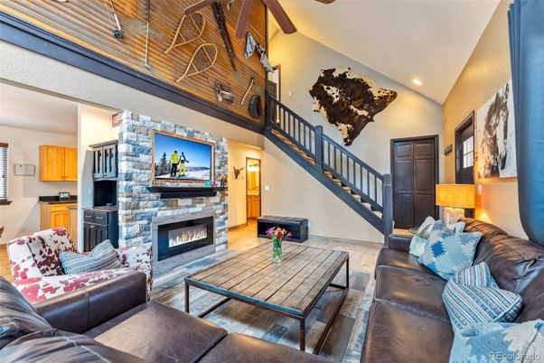 Fireplace, Interior, Living room, Recessed Lighting, Stone Walls