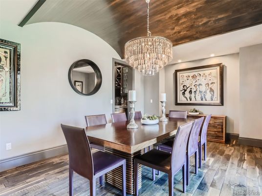 Chandelier, Dining room, Interior, Recessed Lighting, Wooden Ceilings, Wood Texture Flooring