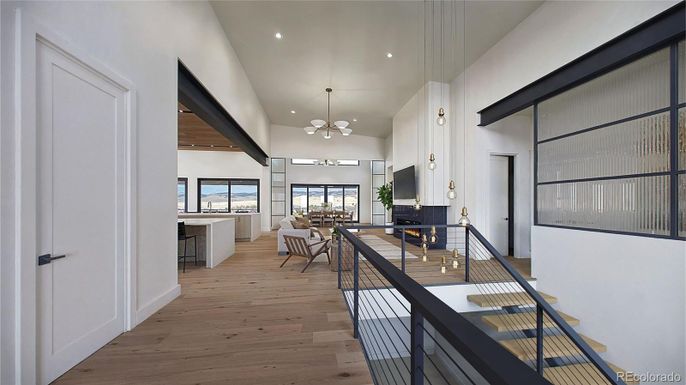 Dining room, Fireplace, Interior, Living room, Pendant Lights, Recessed Lighting, Wood Texture Flooring