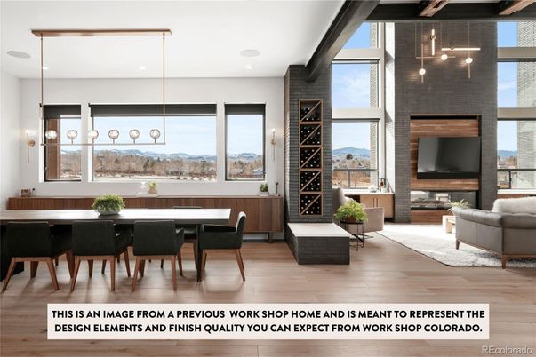 Dining room, Fireplace, Interior, Pendant Lights, Recessed Lighting, Wood Texture Flooring