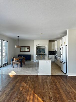 Dining room, Fireplace, Interior, Kitchen, Pendant Lights, Wood Texture Flooring