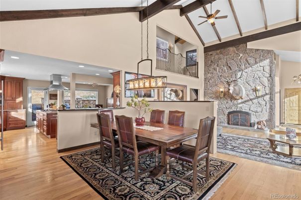 Dining room, Fireplace, Interior, Kitchen, Pendant Lights, Recessed Lighting, Stone Walls, Wooden Beams, Wood Texture Flooring