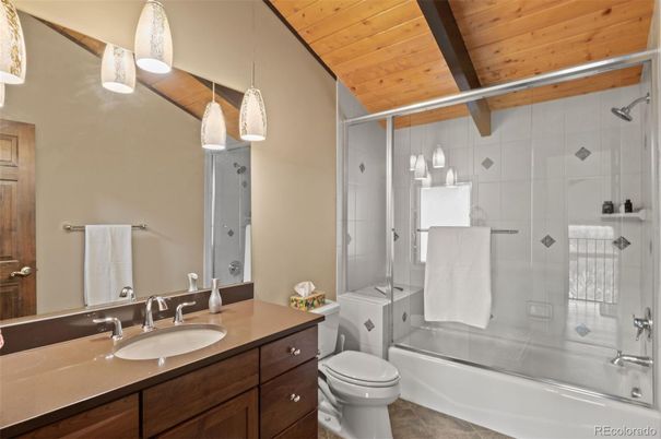 Bathroom, Glass Shower, Interior, Pendant Lights, Wooden Beams, Wooden Ceilings