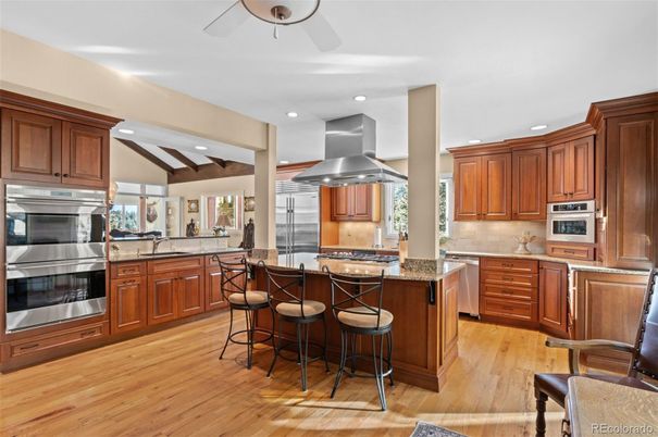 Interior, Kitchen, Recessed Lighting, Stainless Steel Appliances, Wooden Beams, Wood Texture Flooring